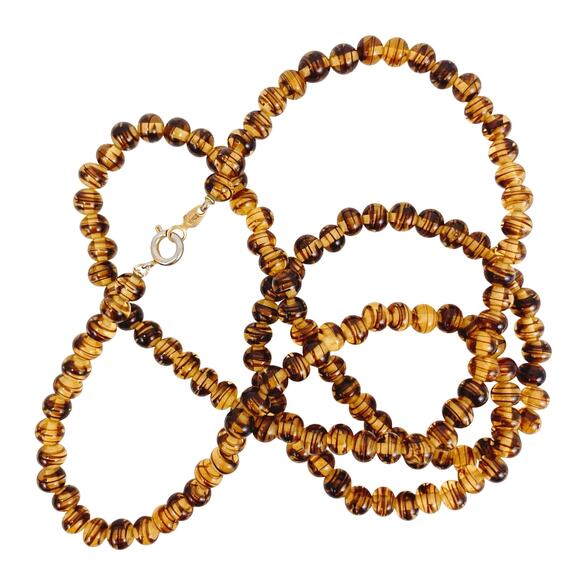 VTG Signed Vogue 50s 60s Striped Warm Amber Glass Bead Necklace 30" Matinee MCM - Picture 4 of 10